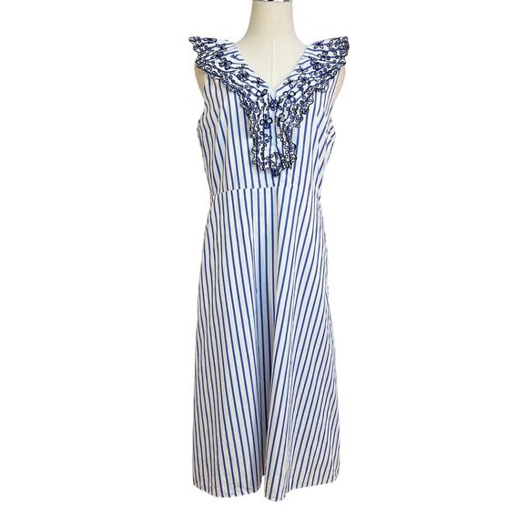 Draper James Lattice Stripe Ruffle Eyelet Dress White Blue - Picture 1 of 10